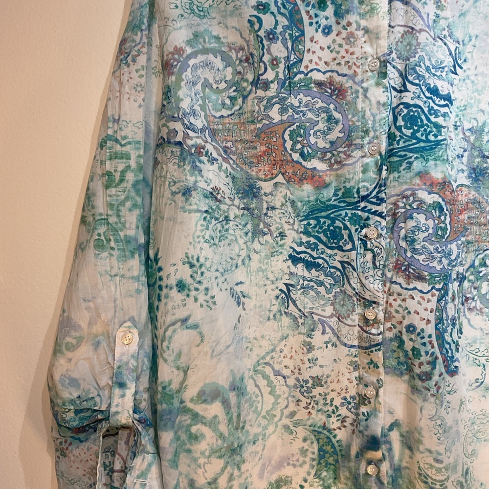 Chico's Blue Relaxed Button Down Shirt with Dress Collar And Eyelets Size 3 - Picture 5 of 13